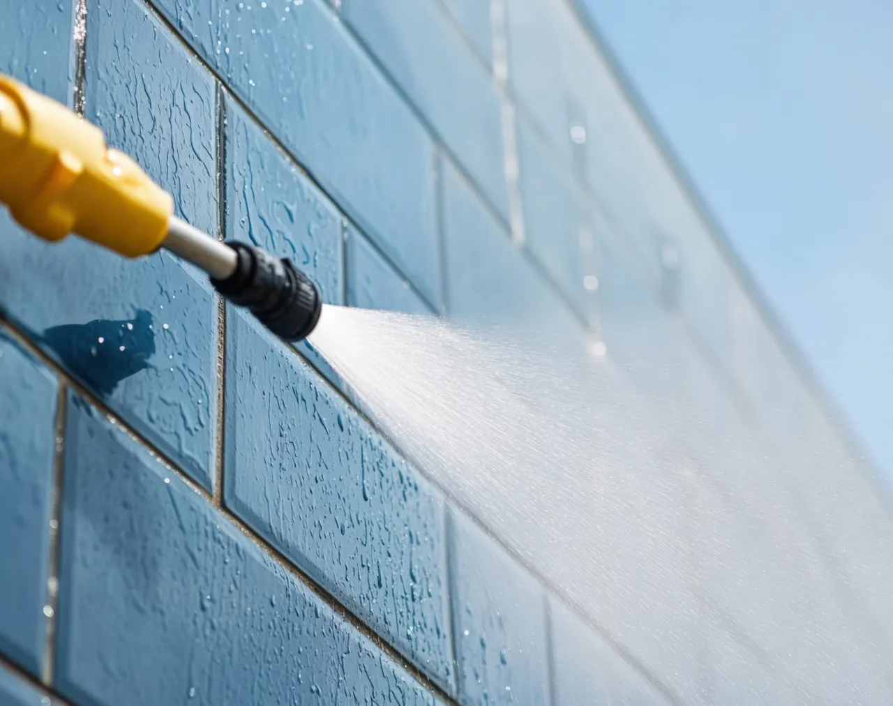高圧洗浄機で外壁洗浄している様子
